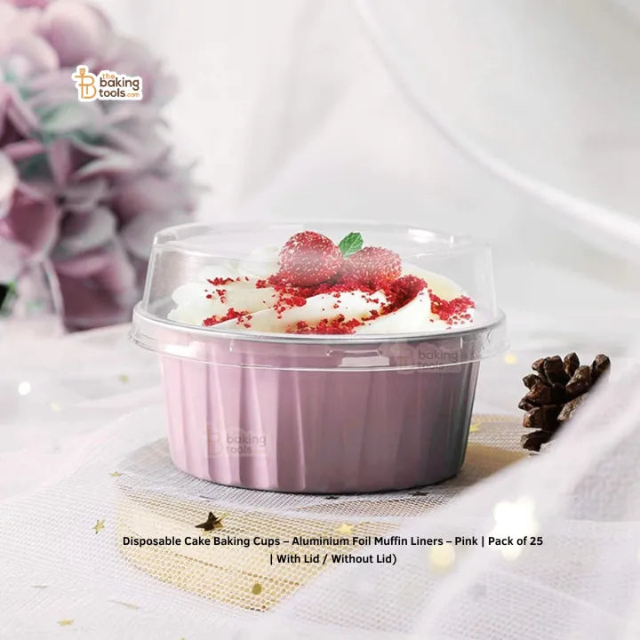 Disposable Cake Baking Cups – Aluminium Foil Muffin Liners – Pink (120 ml) With Lid / Without Lid