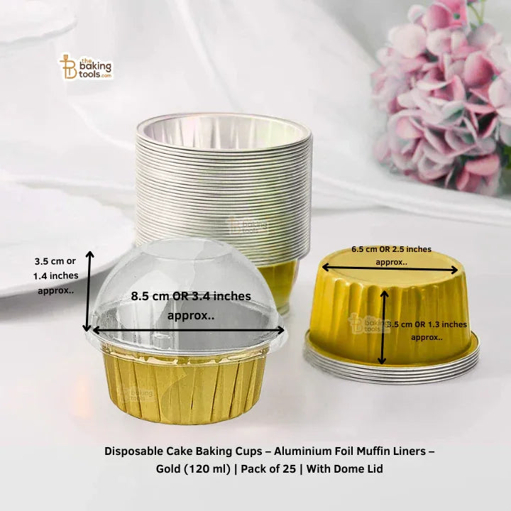 Disposable Cake Baking Cups – Aluminium Foil Muffin Liners – Gold (120 ml) Pack of 25 With Dome Lid