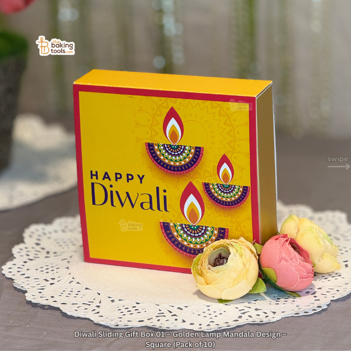 Diwali Sliding Gift Box 01 – Golden Lamp Mandala Design – Square (Pack of 10)