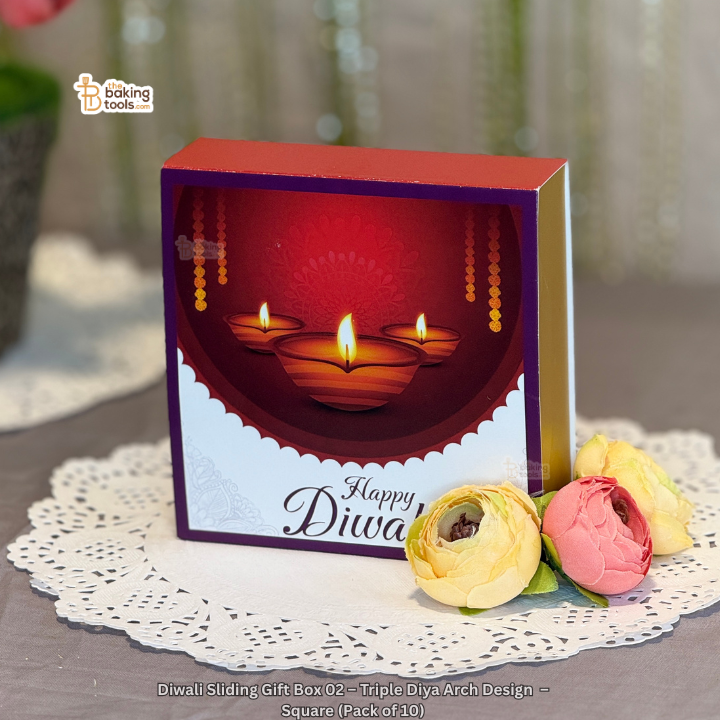 Diwali Sliding Gift Box 02 – Triple Diya Arch Design  – Square (Pack of 10)