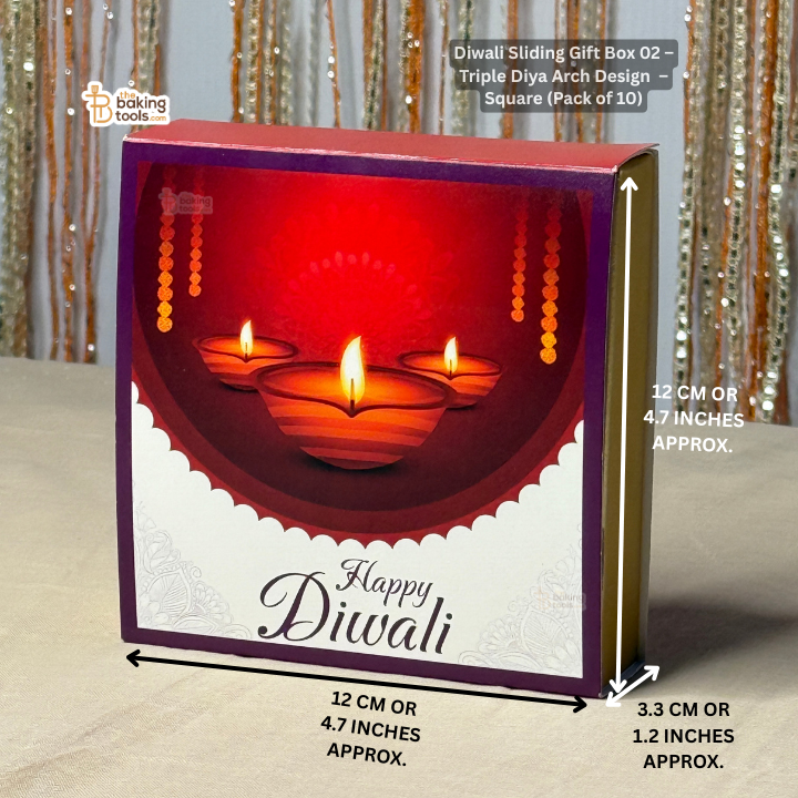 Diwali Sliding Gift Box 02 – Triple Diya Arch Design  – Square (Pack of 10)