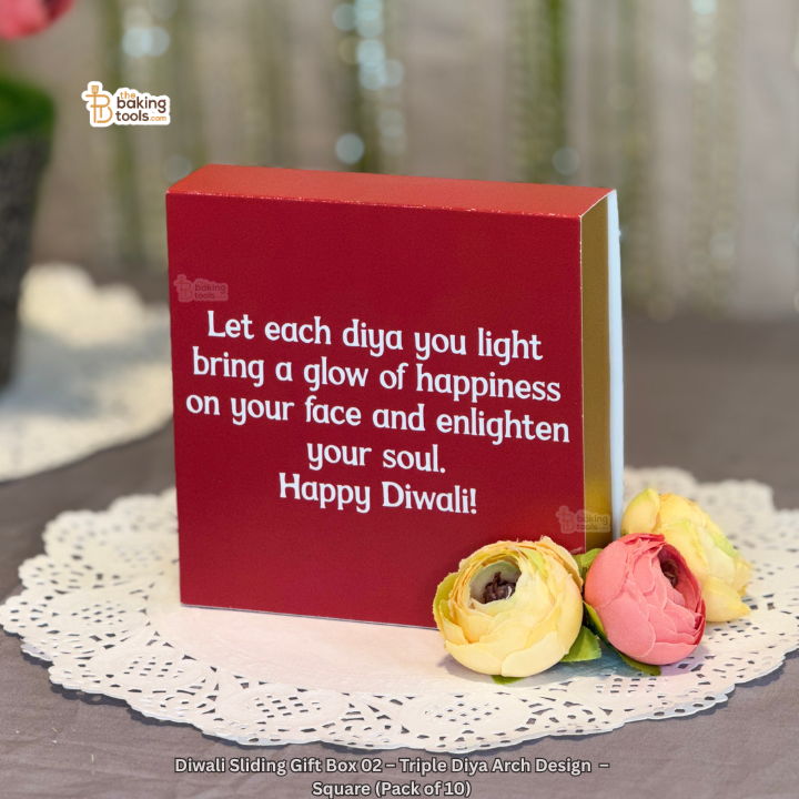 Diwali Sliding Gift Box 02 – Triple Diya Arch Design  – Square (Pack of 10)