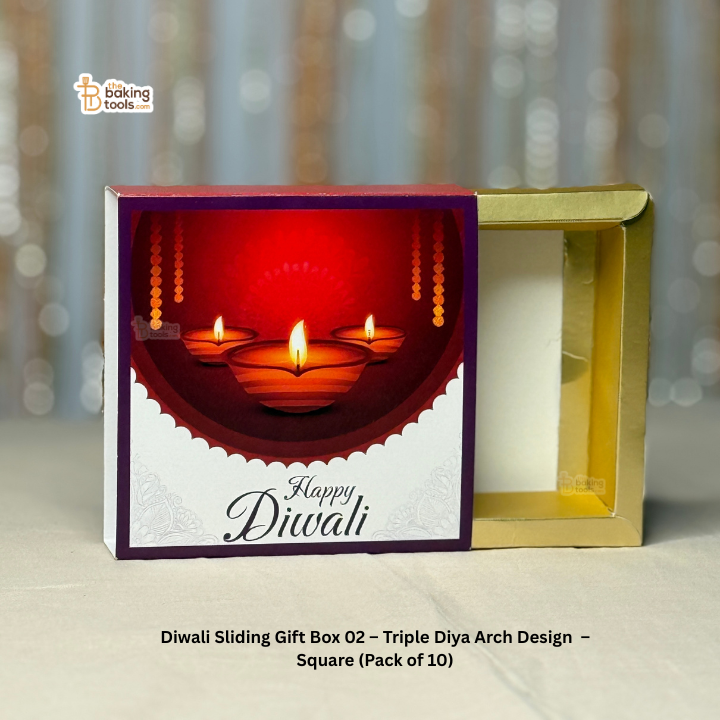 Diwali Sliding Gift Box 02 – Triple Diya Arch Design  – Square (Pack of 10)