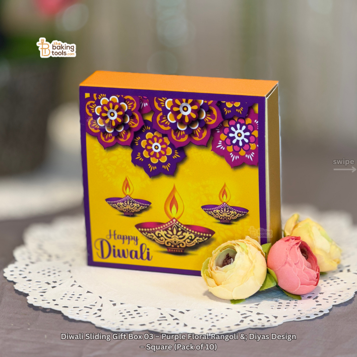 Diwali Sliding Gift Box 03 – Yellow Diya & Purple Floral Rangoli Design – Square (Pack of 10)