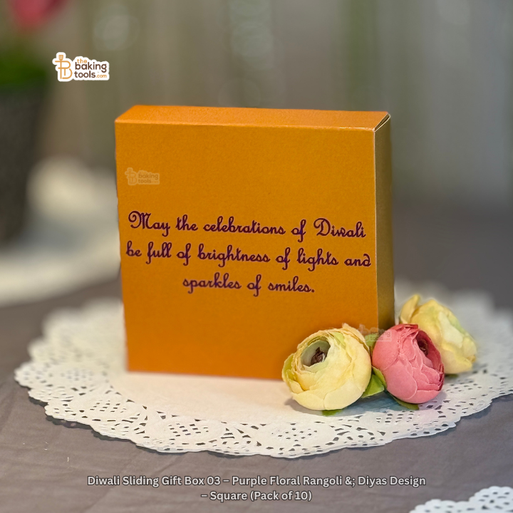 Diwali Sliding Gift Box 03 – Yellow Diya & Purple Floral Rangoli Design – Square (Pack of 10)