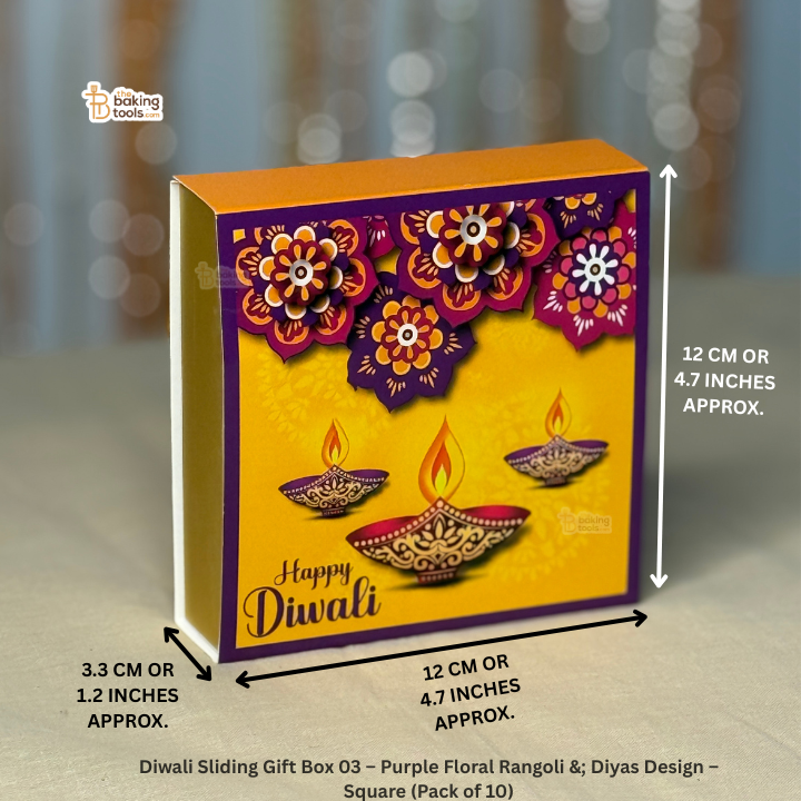Diwali Sliding Gift Box 03 – Yellow Diya & Purple Floral Rangoli Design – Square (Pack of 10)