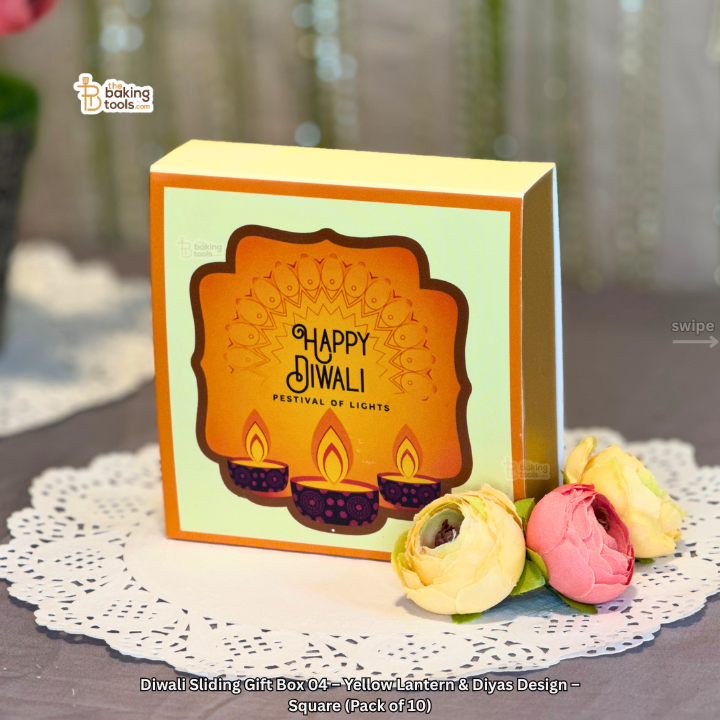 Diwali Sliding Gift Box 04 – Yellow Lantern & Diyas Design – Square (Pack of 10)