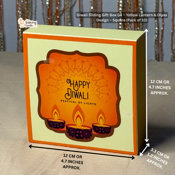 Diwali Sliding Gift Box 04 – Yellow Lantern & Diyas Design – Square (Pack of 10)