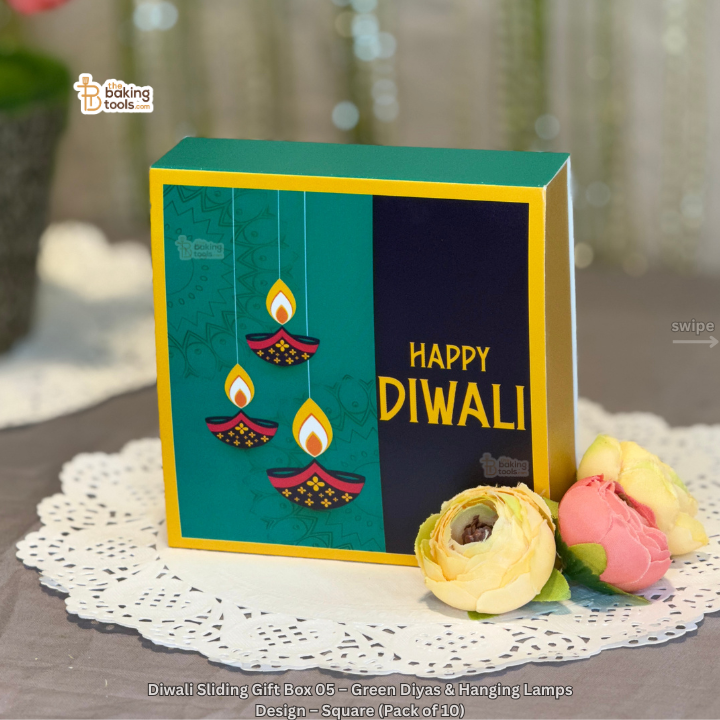 Diwali Sliding Gift Box 05 – Green Diyas & Hanging Lamps Design – Square (Pack of 10)
