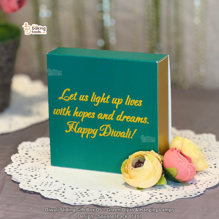 Diwali Sliding Gift Box 05 – Green Diyas & Hanging Lamps Design – Square (Pack of 10)