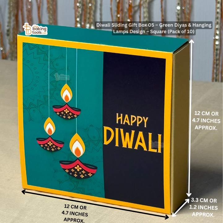 Diwali Sliding Gift Box 05 – Green Diyas & Hanging Lamps Design – Square (Pack of 10)
