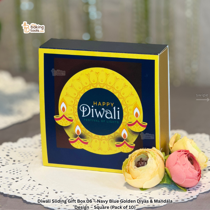 Diwali Sliding Gift Box 06 – Navy Blue Golden Diyas & Mandala Design – Square (Pack of 10)