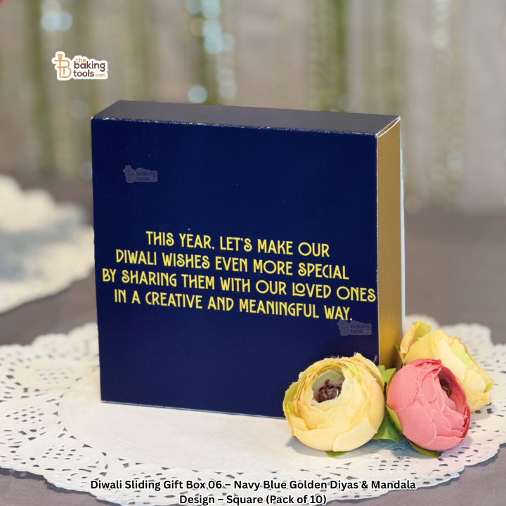 Diwali Sliding Gift Box 06 – Navy Blue Golden Diyas & Mandala Design – Square (Pack of 10)