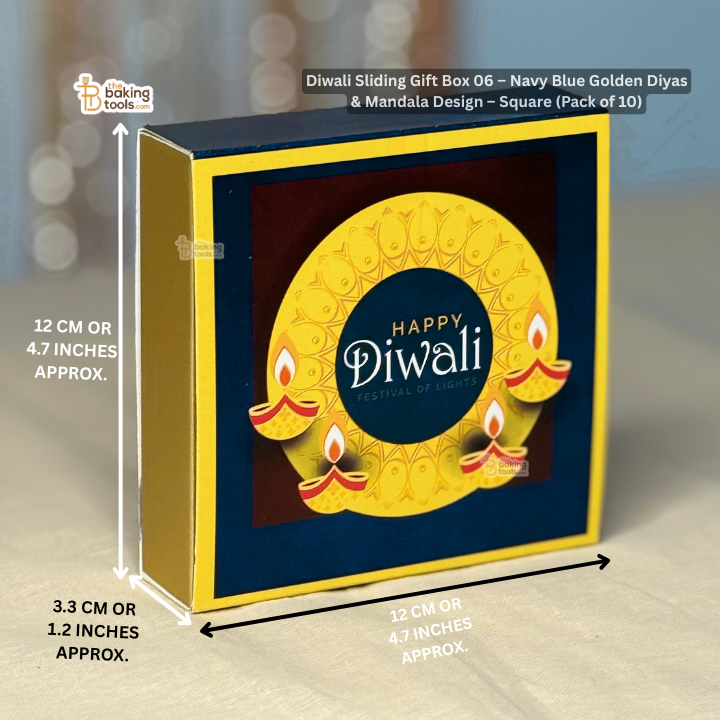 Diwali Sliding Gift Box 06 – Navy Blue Golden Diyas & Mandala Design – Square (Pack of 10)