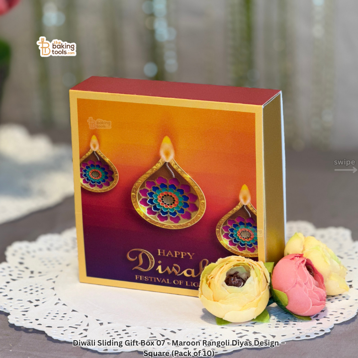 Diwali Sliding Gift Box 07 - Maroon Rangoli Diyas Design – Square (Pack of 10)