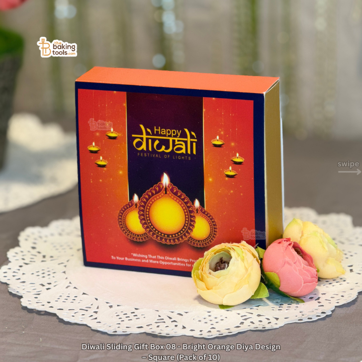 Diwali Sliding Gift Box 08 - Bright Orange Diya Design – Square (Pack of 10)