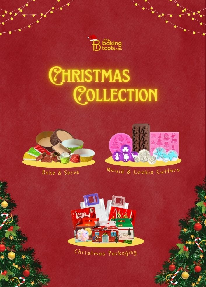 Promotional image of The Baking Tools Christmas Collection with festive elements on a red background.