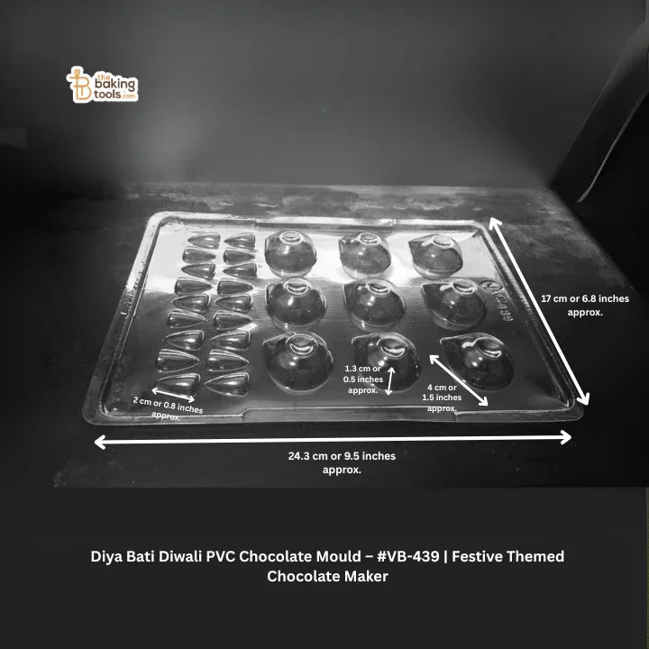 PVC chocolate mould with measurements on a dark background