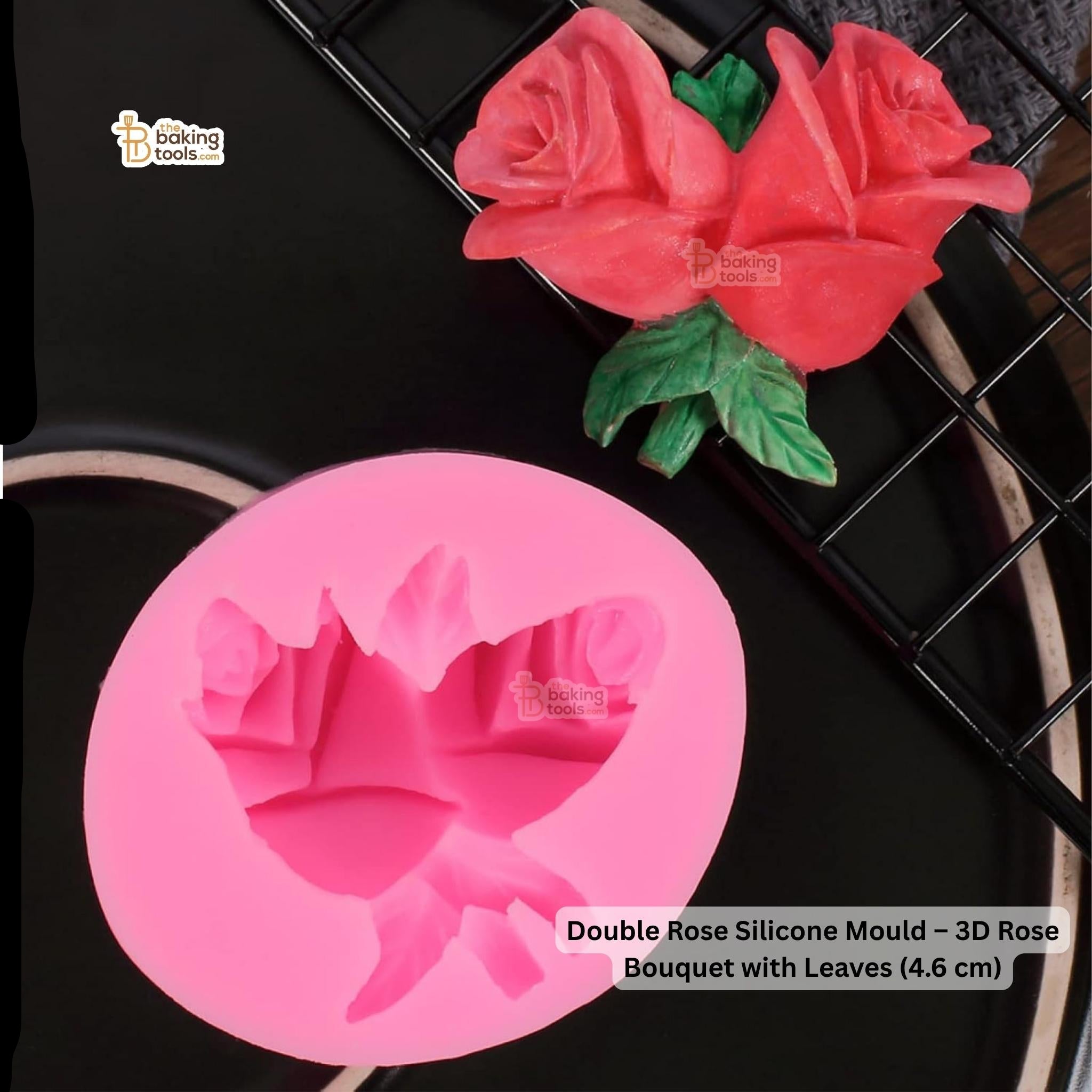 Double Rose Silicone Mould – 3D Rose Bouquet with Leaves (4.6 cm)