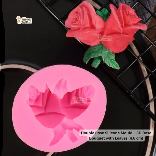 Double Rose Silicone Mould – 3D Rose Bouquet with Leaves (4.6 cm)