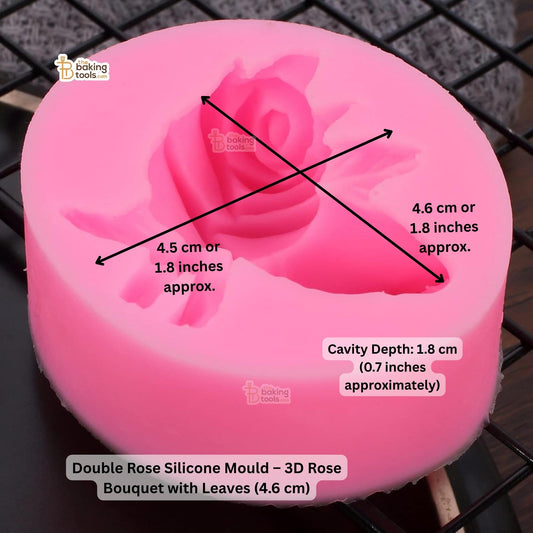 Double Rose Silicone Mould – 3D Rose Bouquet with Leaves with dimensions