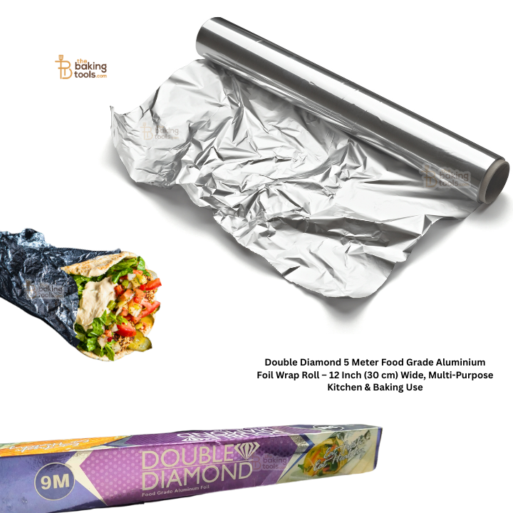 Roll of Double Diamond aluminium foil with a wrapped burrito on a white background