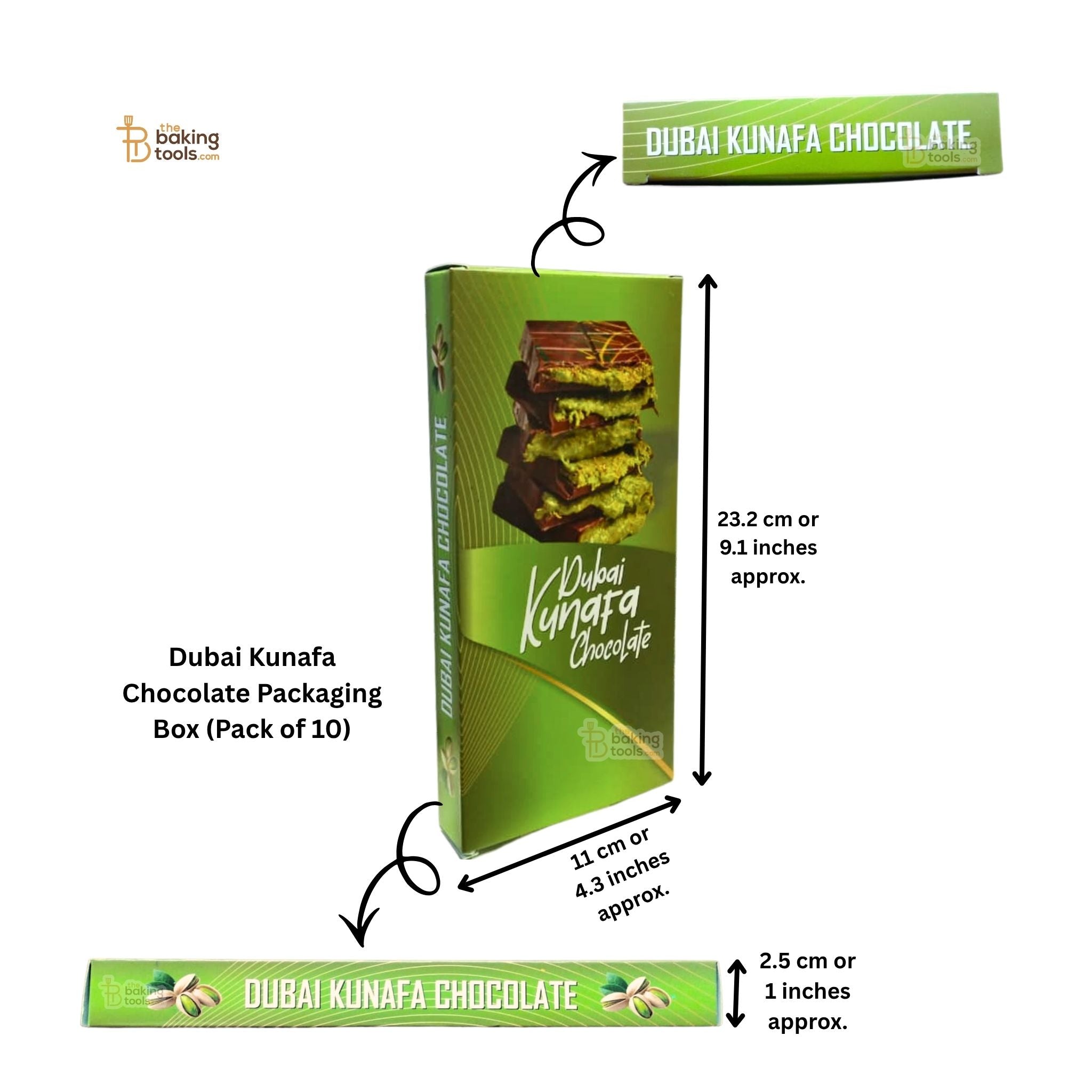 Dubai Kunafa Chocolate packaging box with dimensions and a single chocolate bar on a white background.