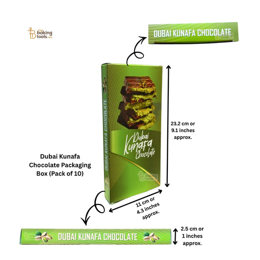 Dubai Kunafa Chocolate packaging box with dimensions and a single chocolate bar on a white background.