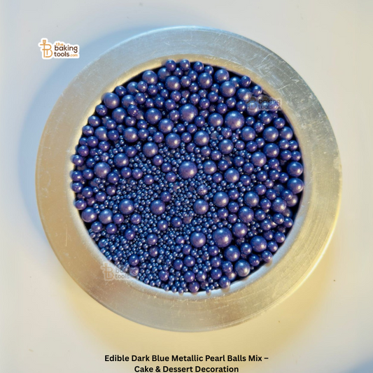 Edible dark blue metallic pearl balls mix in a container with 'Baking Tools' branding.