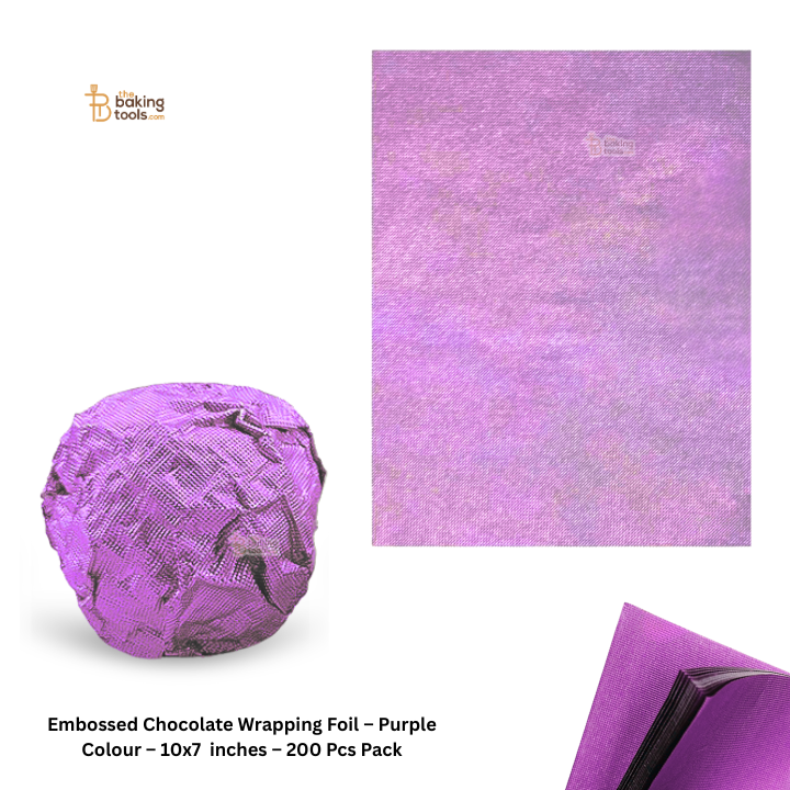 Purple embossed chocolate wrapping foil with a sample roll and packaging on a white background.