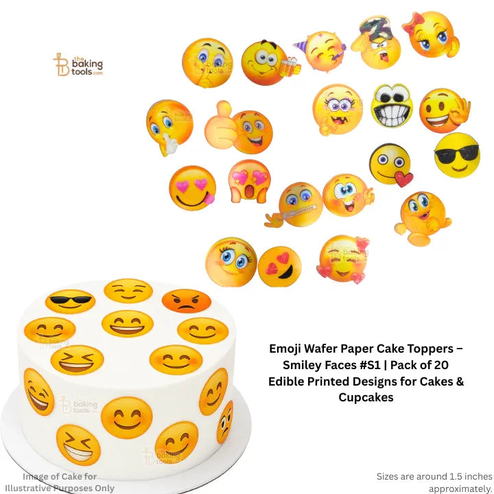 Emoji wafer paper cake toppers on a white background with a cake model.