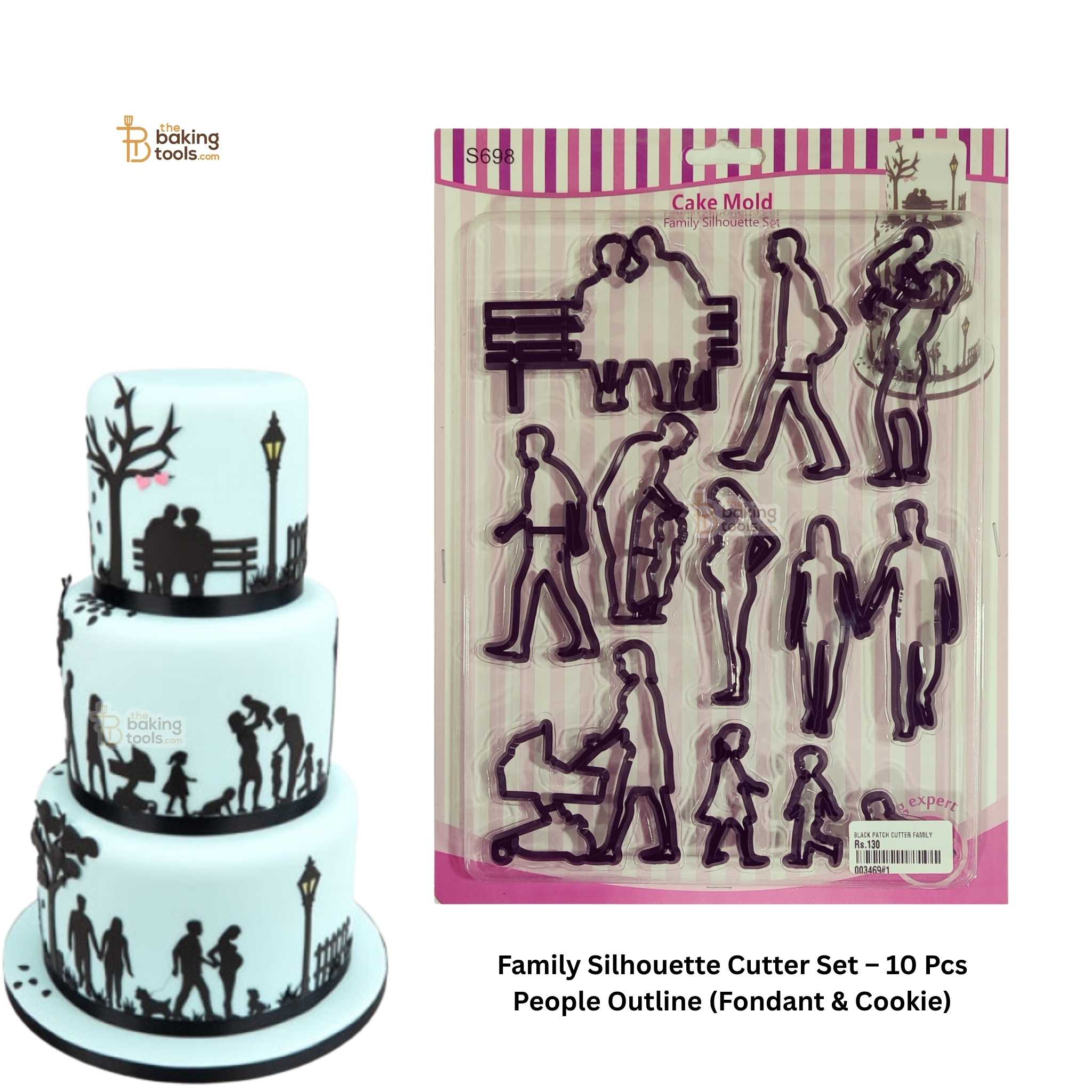 Family silhouette cutter set with a decorated cake featuring silhouettes.