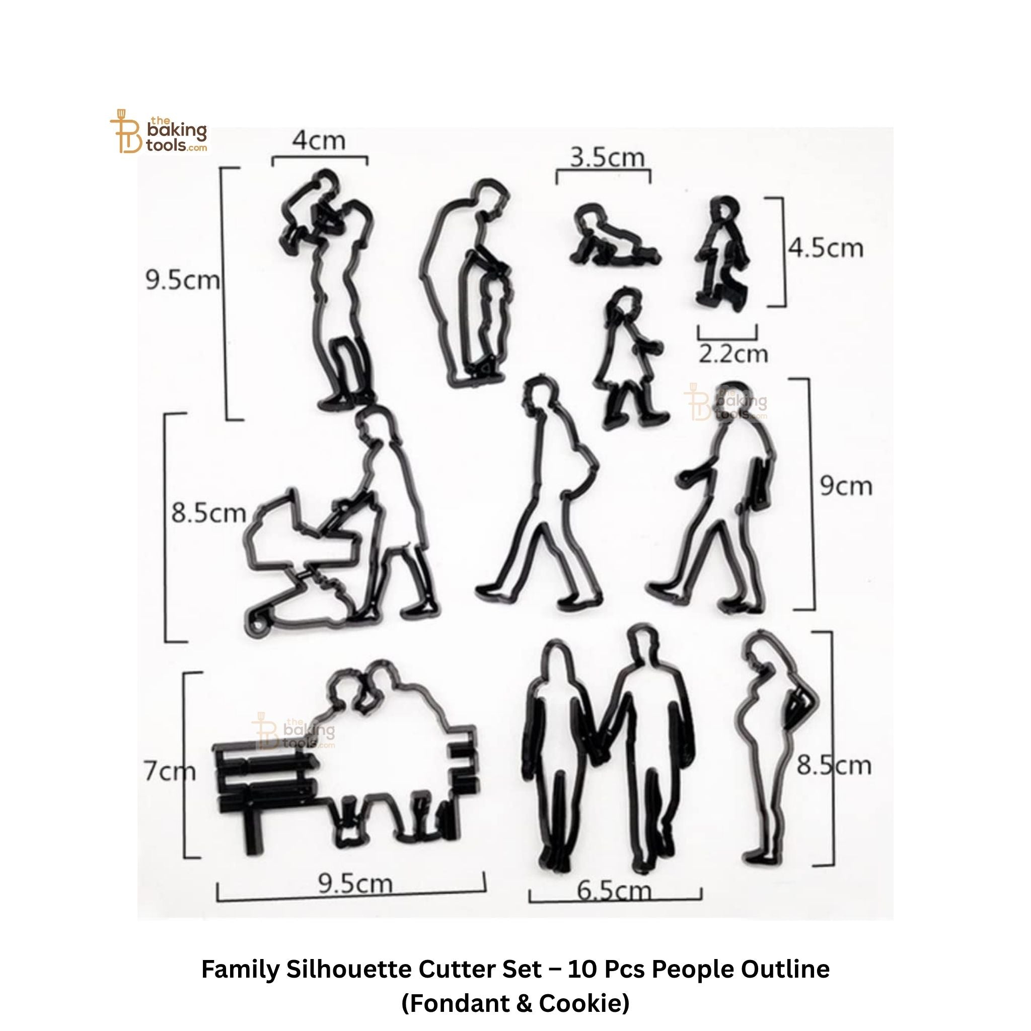 Family silhouette cutter set with dimensions on a white background