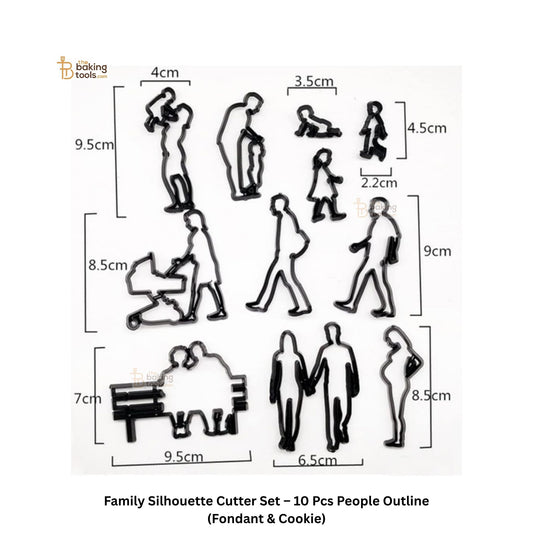 Family silhouette cutter set with dimensions on a white background