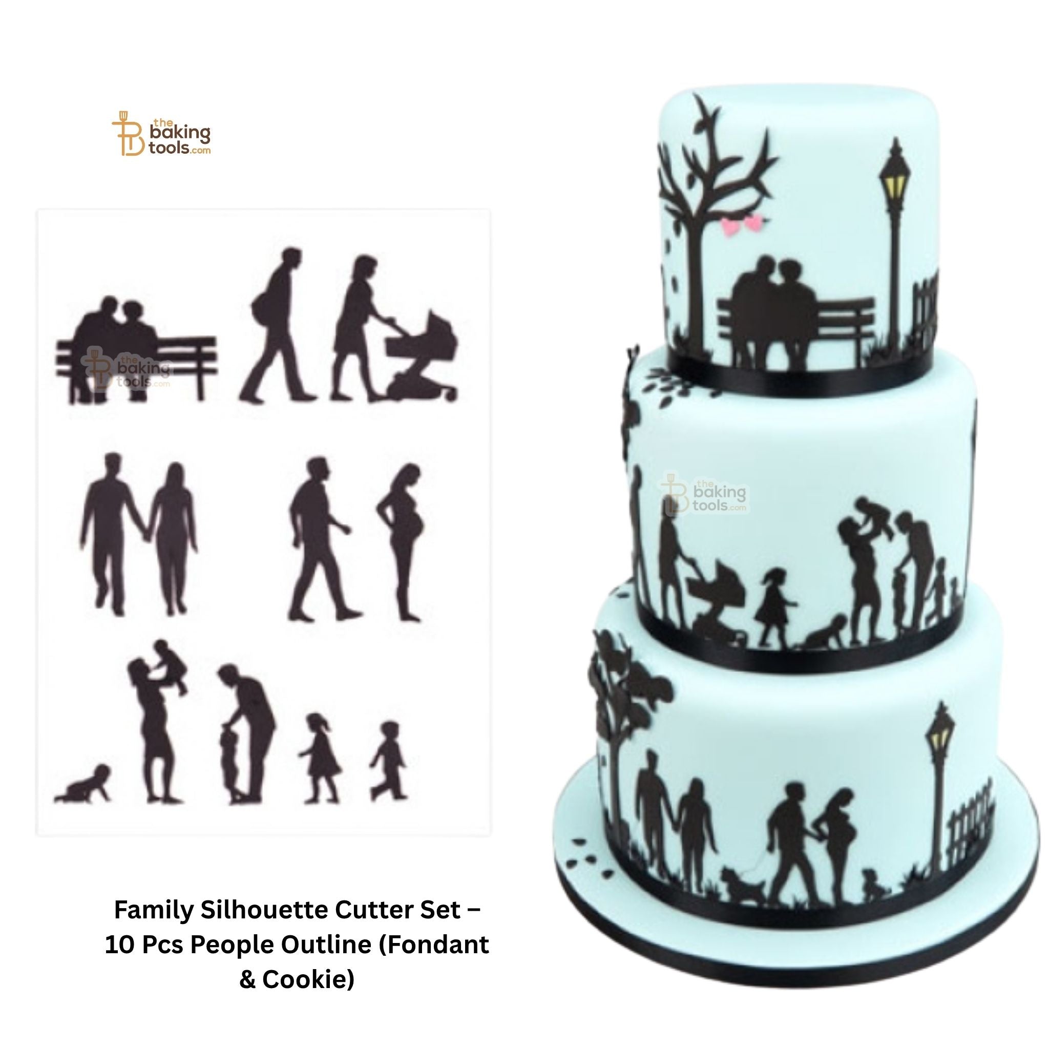 Three-tiered cake with family silhouette design and Family Silhouette Cutter Set on the left.