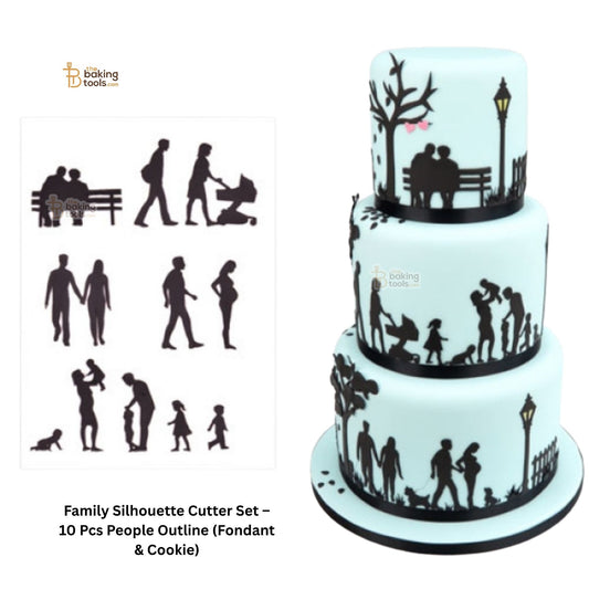 Three-tiered cake with family silhouette design and Family Silhouette Cutter Set on the left.