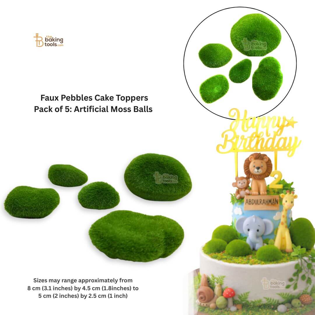 Faux pebbles cake toppers or artificial moss balls.