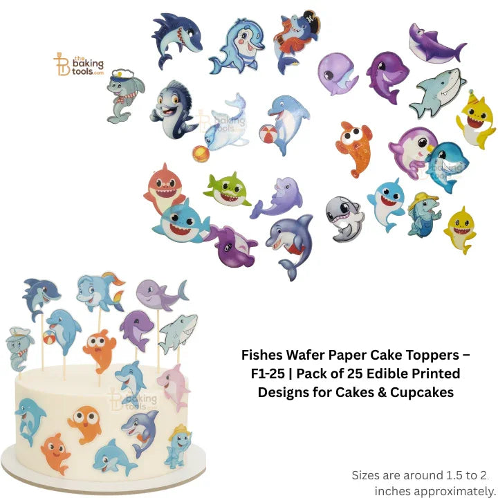 Fishes wafer paper cake toppers on a white background with a cake sample.