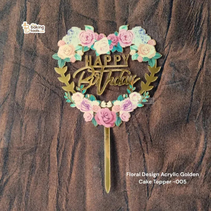 Floral Design Happy Birthday Acrylic Golden Cake Topper -005