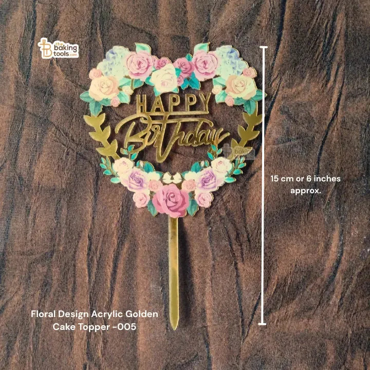 Floral Design Happy Birthday Acrylic Golden Cake Topper -005