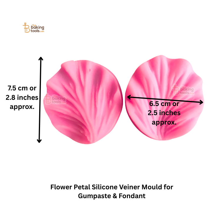 Pink ruffled flower petal silicone veiner mould with dimensions on a white background