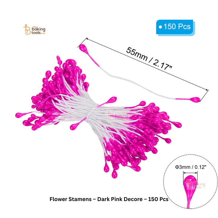 Dark Pink - 150 Pcs Double Headed Pearlized Artificial Flower Stamens Pollens – 5.5cm for Sugar Flowers, Cake Decoration & Craft Making