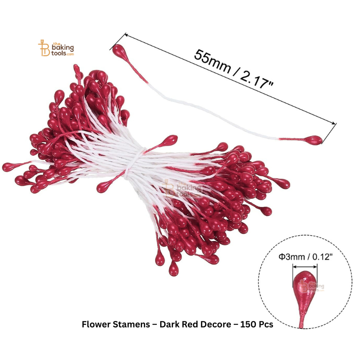 Dark Red - 150 Pcs Double Headed Pearlized Artificial Flower Stamens Pollens – 5.5 cm for Sugar Flowers, Cake Decoration & Craft Making