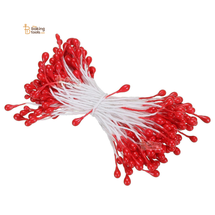 Red - 150 Pcs Double Headed Pearlized Artificial Flower Stamens Pollens – 5.5cm for Sugar Flowers, Cake Decoration & Craft Making