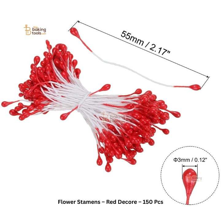 Red - 150 Pcs Double Headed Pearlized Artificial Flower Stamens Pollens – 5.5cm for Sugar Flowers, Cake Decoration & Craft Making