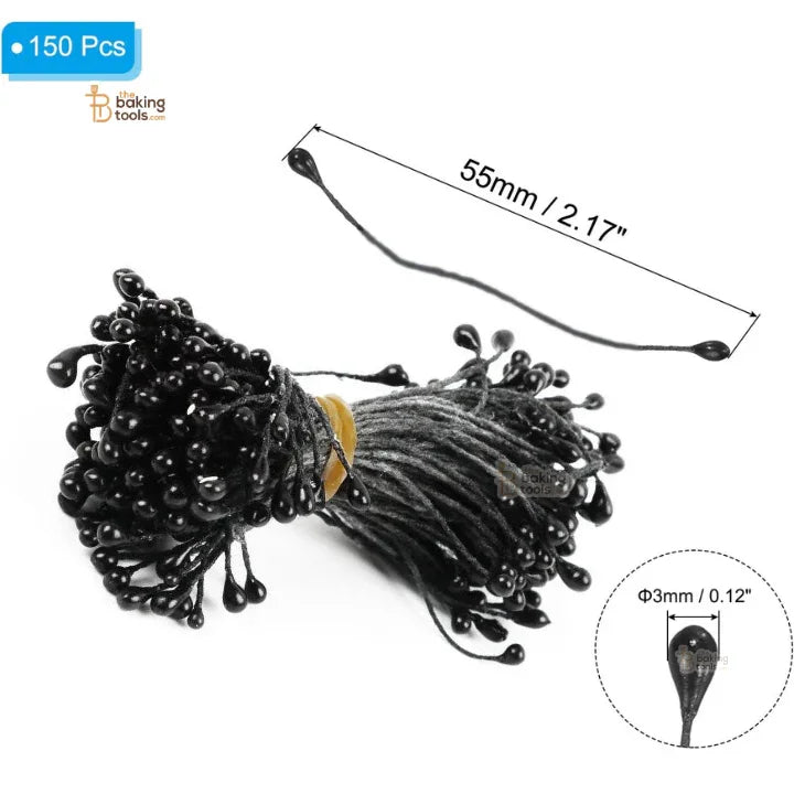 Black Tips with Black Thread - 150 Pcs Double Headed Pearlized Artificial Flower Stamens Pollens – 5.5cm for Sugar Flowers, Cake Decoration & Craft Making