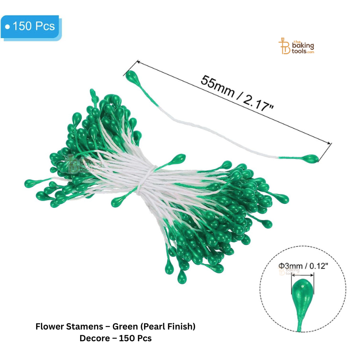 Green (Pearl Finish) - 150 Pcs Double Headed Pearlized Artificial Flower Stamens Pollens – 5.5cm for Sugar Flowers, Cake Decoration & Craft Making