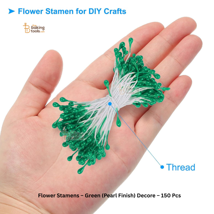 Green (Pearl Finish) - 150 Pcs Double Headed Pearlized Artificial Flower Stamens Pollens – 5.5cm for Sugar Flowers, Cake Decoration & Craft Making