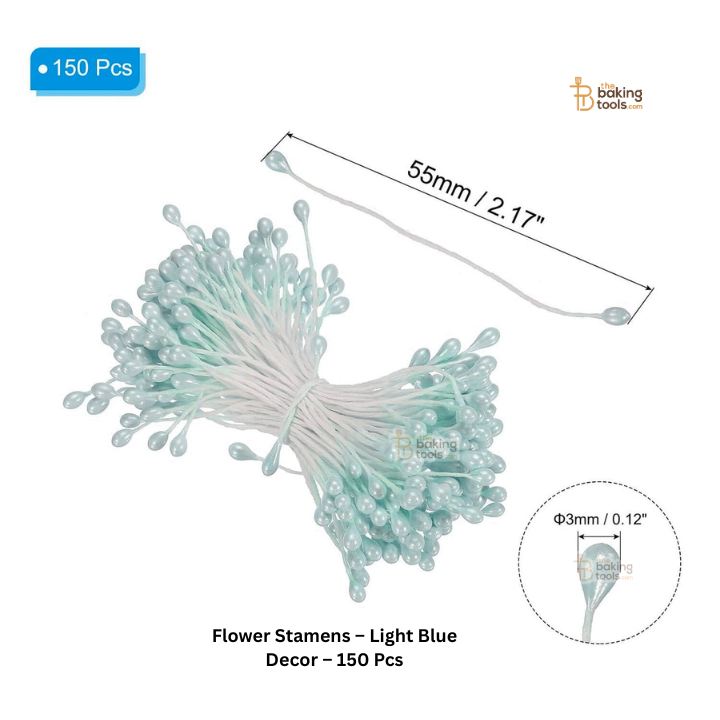 Light Blue - 150 Pcs Double Headed Pearlized Artificial Flower Stamens Pollens – 5.5cm for Sugar Flowers, Cake Decoration & Craft Making