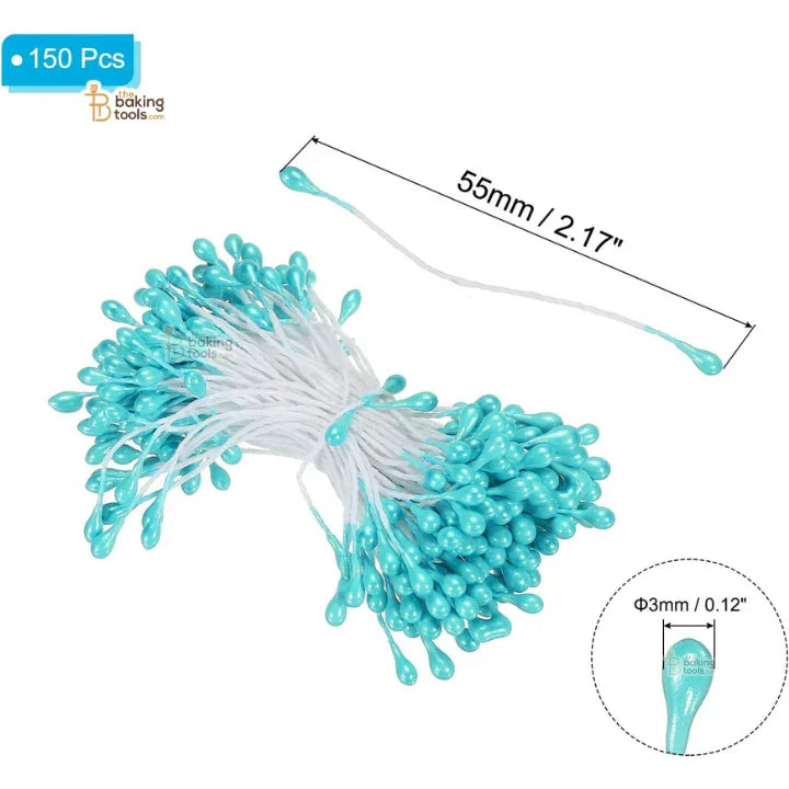Sky Blue - 150 Pcs Double Headed Pearlized Artificial Flower Stamens Pollens – 5.5cm for Sugar Flowers, Cake Decoration & Craft Making